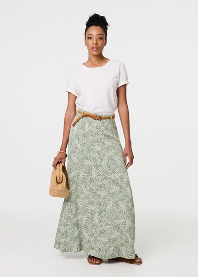 Izabel London Green Leaf Print Belt Detail Maxi Skirt