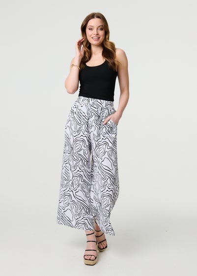 Izabel London White Abstract Print High Waist Wide Leg Trousers
