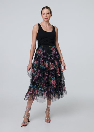 Izabel London Black Floral Semi Sheer Mesh Ruffled Midi Skirt