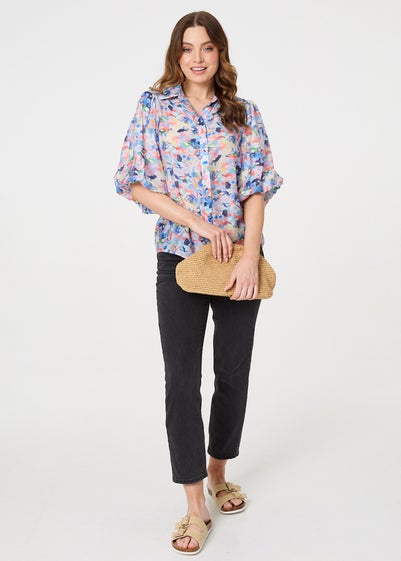 Izabel London Blue Printed Puff Sleeve Collared Shirt