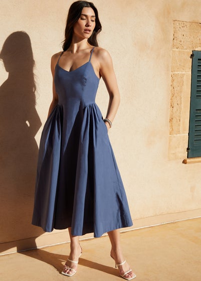 Threadbare Blue V Neck Fit & Flare Midi Dress