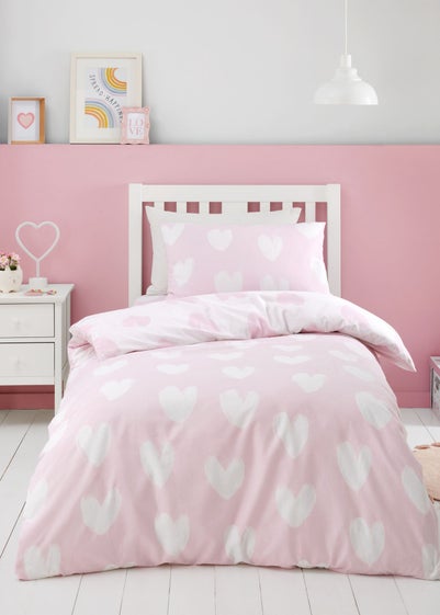 Catherine Lansfield Brushed Cotton Hearts Reversible Pink White Duvet Cover Set