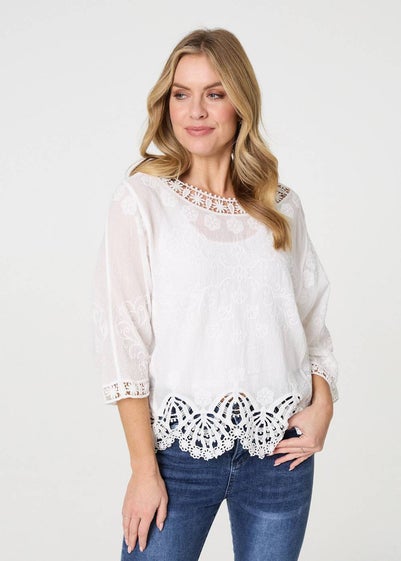 Izabel London White Lace Trim Sheer Layered Blouse