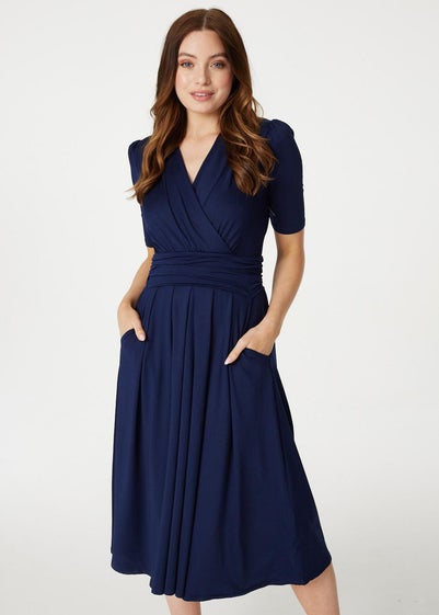 Izabel London Navy Ruched Waist Jersey Wrap Dress