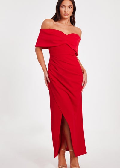 Quiz Red Petite Bardot Front Wrap Maxi Dress
