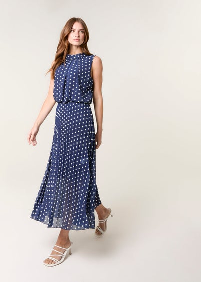 Blue Vanilla Navy Polka Dot Sleeveless Cowl Pleat Dress