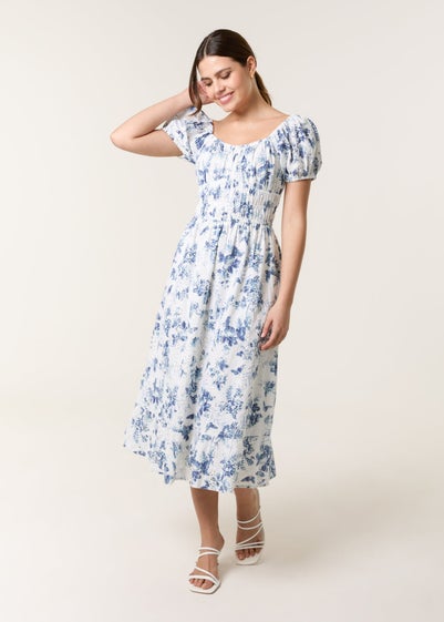 Blue Vanilla Blue Puff Sleeve Shirred Print Dress