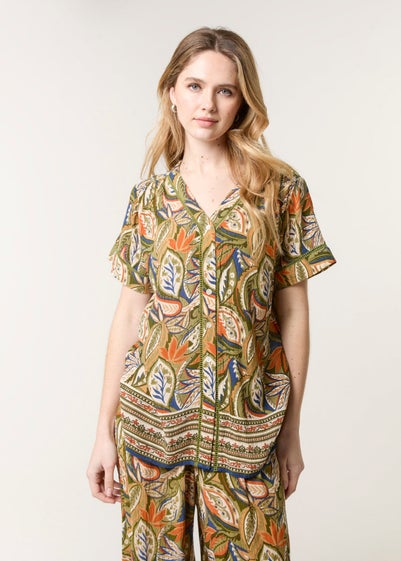 Blue Vanilla Green Border Print Button Front Top