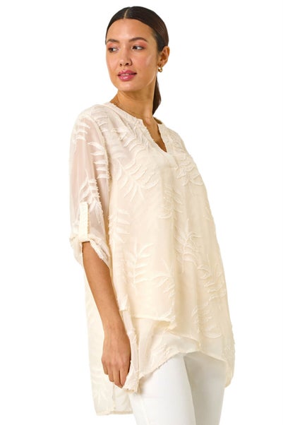 Roman Ivory Leaf Print Burnout Wrap Tunic Top