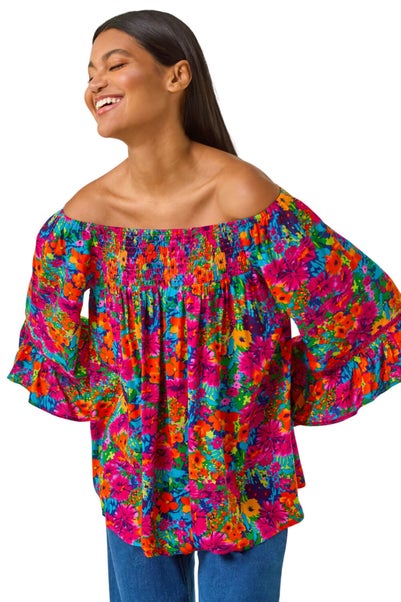 Roman Orange Floral Print Bardot Top