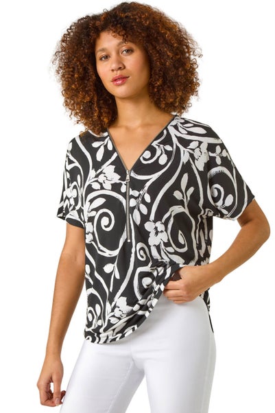 Roman Black Textured Print Zip Detail Top