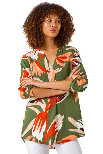 Roman Khaki Abstract Print Pleat Detail Top