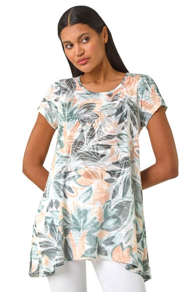 Roman Green Leaf Print Hanky Hem Tunic Top