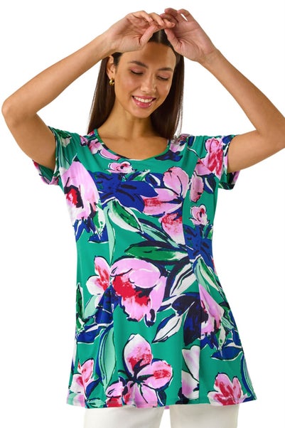Roman Turquoise Textured Floral Tunic Top