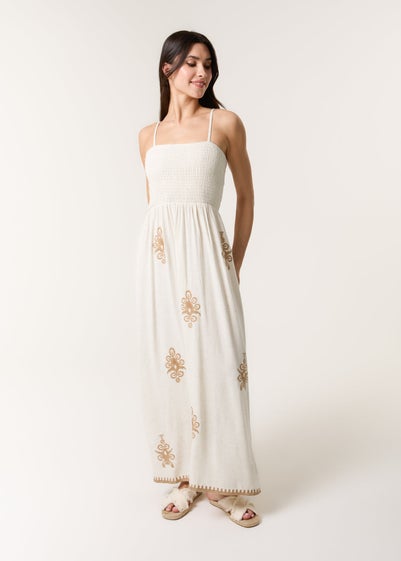 Blue Vanilla Cream Shirred Maxi Dress