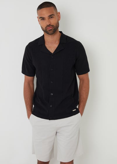 Threadbare Black Textured Panel Revere Collar Knitted Shirt