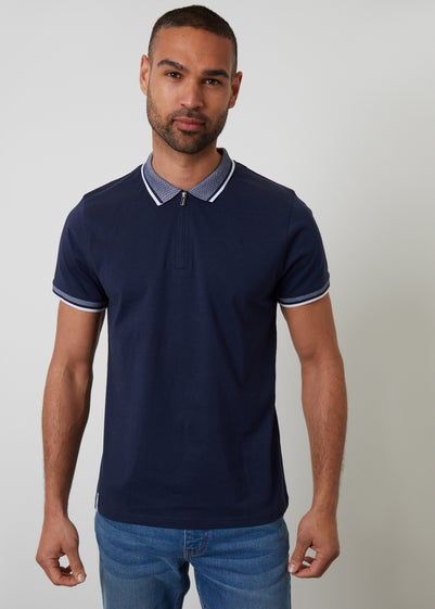 Threadbare Navy Birdseye Collar Quarter Zip Polo Shirt