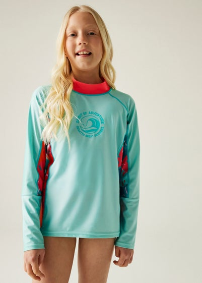 Regatta Blue Peach Tropical Leaf Kids Hoku II Swim Top (3-16 Years)