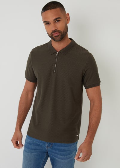 Threadbare Khaki Textured Cotton Quarter Zip Polo Shirt