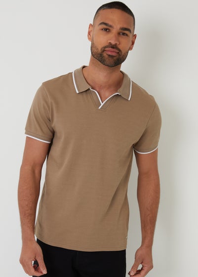 Threadbare Taupe Cotton Trophy Neck Polo Shirt