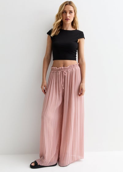 Gini London Pink Elasticated Waist Plisse Wide Led Trouser