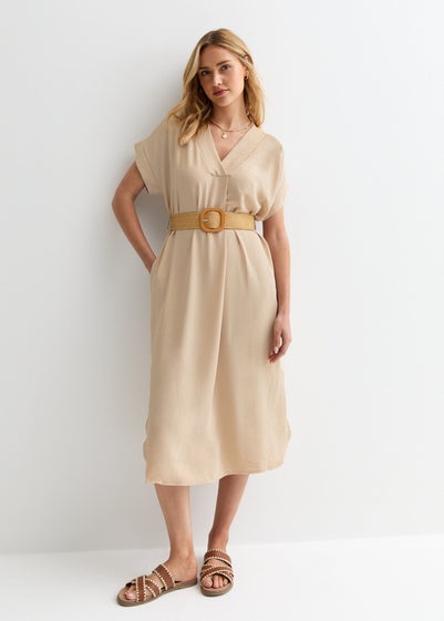 Gini London Beige V Neck Raffia Belt Tunic Dress