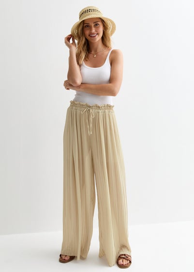 Gini London Beige Elasticated Waist Plisse Wide Led Trouser