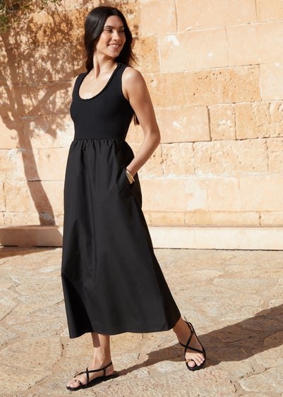 Threadbare Black Sleeveless Rib Jersey 2 In 1 Maxi Dress With Poplin Skirt