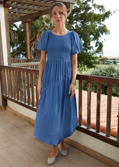 Threadbare Blue Puff Sleeve Shirred Asymmetric Dress