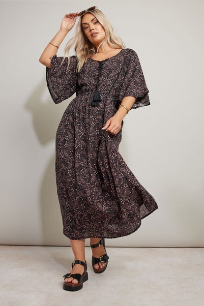 Yours Curve Black Paisley Print Tie Front Maxi Dress