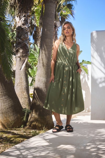 Yours Curve Khaki Green Sleeveless Button Through Chambray Dress