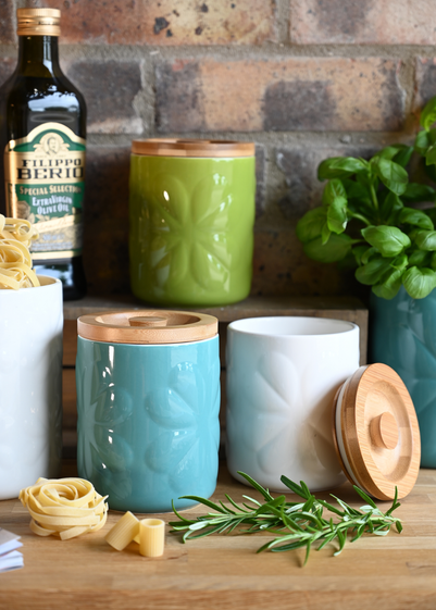 Beau & Elliot Teal Carnaby Porcelain Embossed Jar with Bamboo Lid