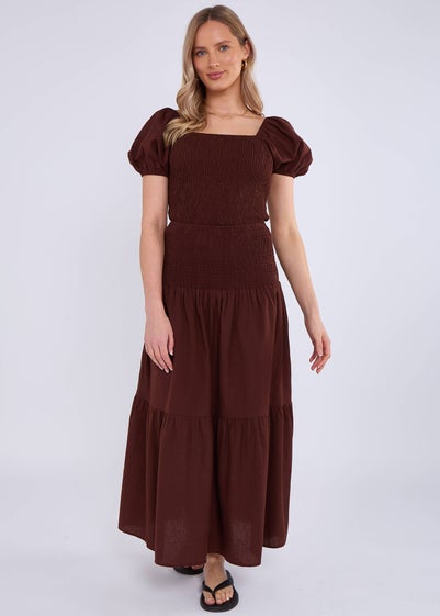Gini London Brown Puff Sleeve Shirred Cotton Top