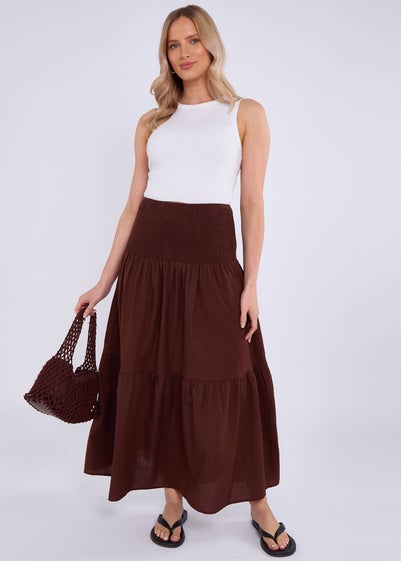 Gini London Brown Cotton Smock Tiered Cotton Maxi Skirt
