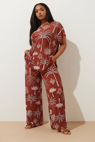 Yours Curve Brown Palm Print Plisse Wide Leg Trousers