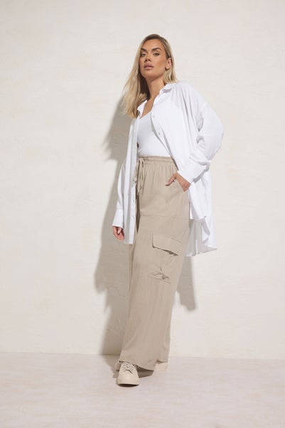 Yours Curve Natural Brown Linen Cargo Trousers