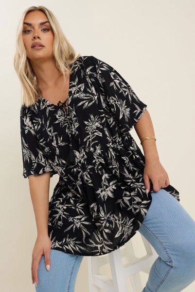 Yours Curve Black & White Palm Print Tie Neck Top