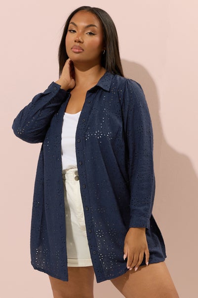 Yours Curve Navy Blue Broderie Anglaise Long Sleeve Shirt
