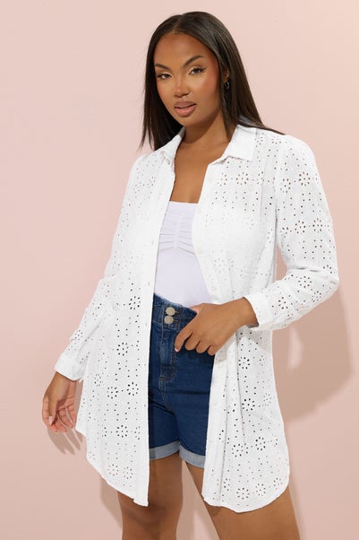 Yours Curve White Broderie Anglaise Long Sleeve Shirt