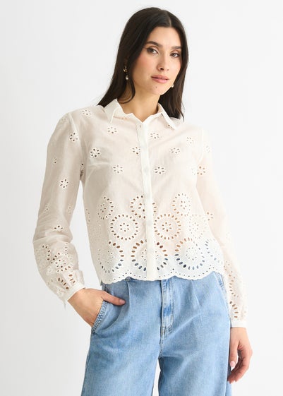 Gini London White Cotton Broderie Scallop Boxy Shirt Sequin V Neck Cami Top