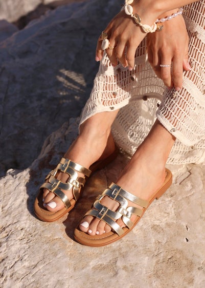 Linzi Lupita Gold Faux Leather Linked Flat Slider Sandal