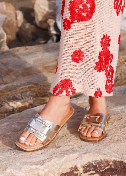 Linzi Kenna Gold Faux Leather Buckle Flat Slider Sandal