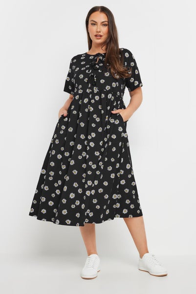Yours Curve Black Daisy Print Bow Tie Front Dress