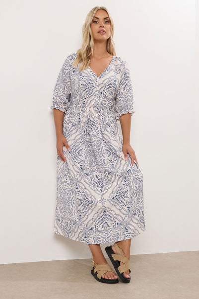 Yours Curve Blue Paisley Print Textured V Neck Dress