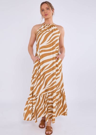 Gini London Brown Zebra Print Halter Neck Maxi Dress