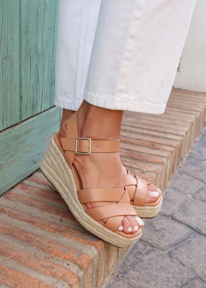 Linzi Sheena Tan Faux Leather Crossover Espadrille Platform Wedge