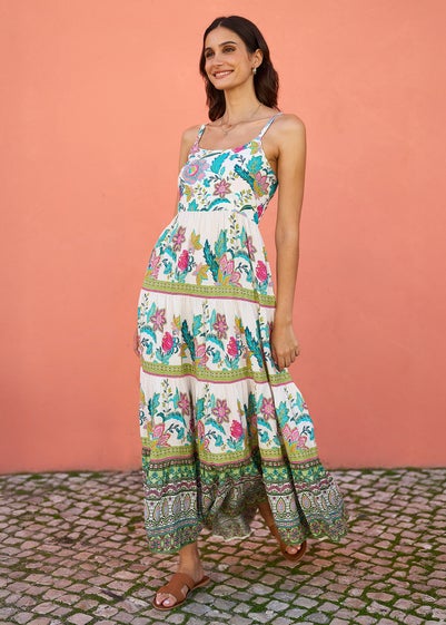 Yumi White Floral Block Print Tiered Maxi Sun Dress