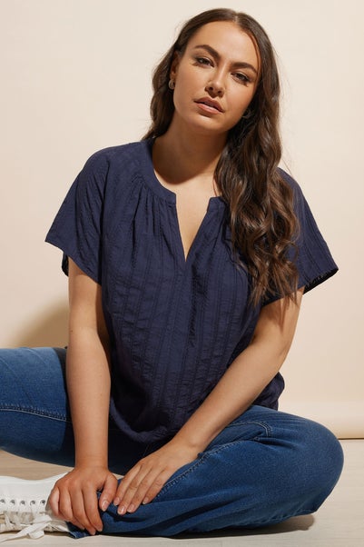 Yours Curve Navy Blue Short Sleeve Cotton Blouse