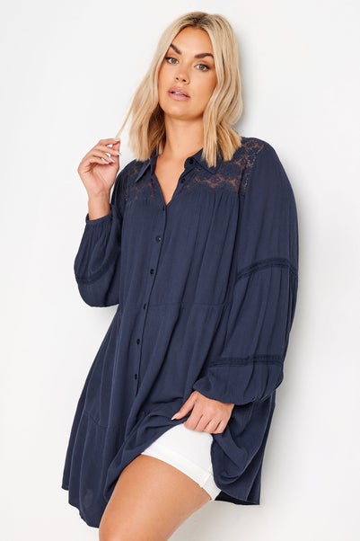 Yours Curve Navy Blue Tiered Crochet Detail Shirt