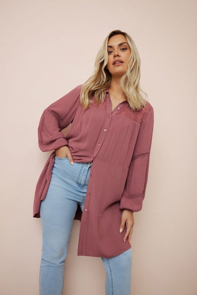 Yours Curve Dusky Pink Tiered Crochet Detail Shirt